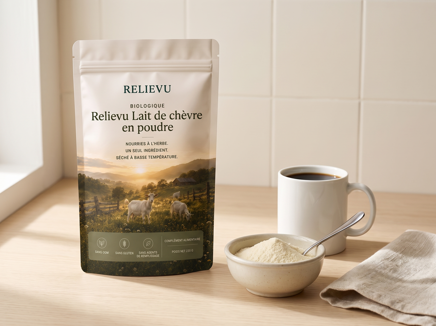 Sachet Relievu Lait de chèvre en poudre posé sur un plan de travail clair