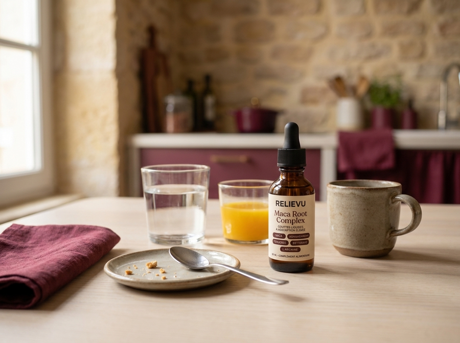 Flacon compte-gouttes Relievu et un verre d'eau sur une table claire, le matin