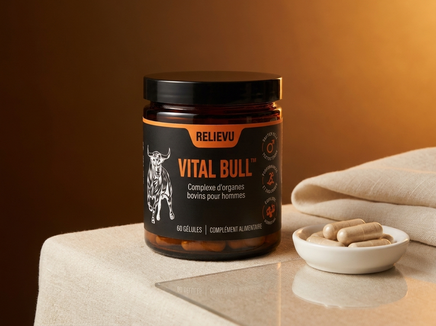 Flacon ambré Relievu Vital Bull sur fond ambre et brun profond, en lumière chaude