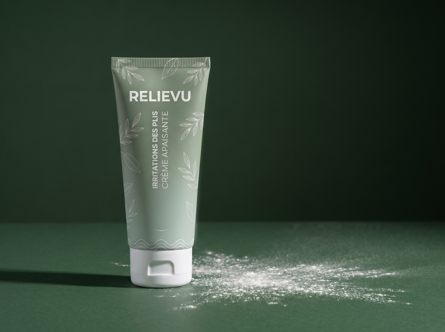 Tube de crème Relievu vert sauge et blanc sur fond vert profond