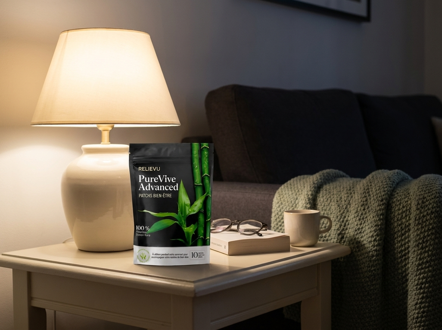 Sachet Relievu PureVive Advanced posé sur une table d'appoint le soir, à côté d'une lampe allumée, d'un livre et d'une tasse