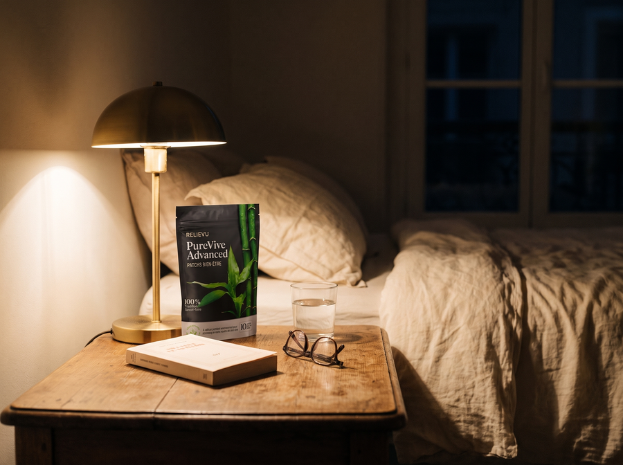 Sachet Relievu PureVive Advanced et un patch sur une table de chevet, le soir