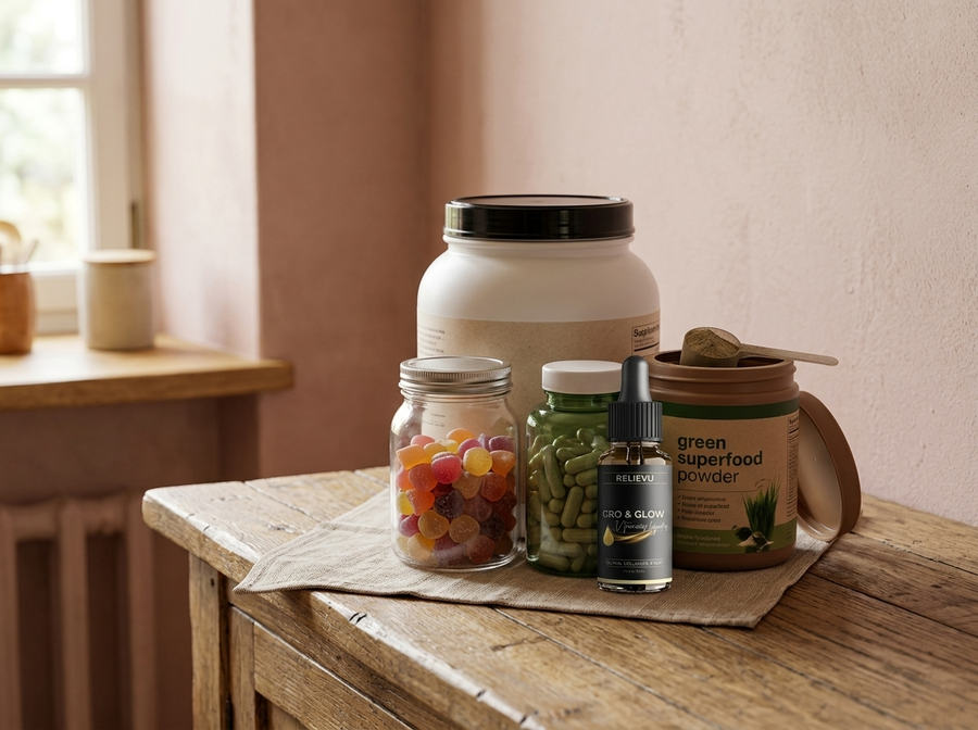 Pots de gélules, de gommes et de poudre encombrants sur une table, à côté du petit flacon en verre ambré et de son compte-gouttes