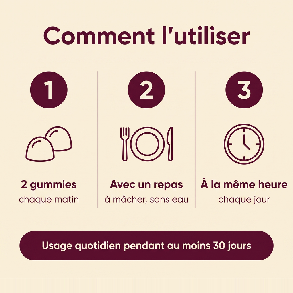 Comment utiliser les gummies Relievu Tabu en trois étapes : 2 gummies chaque matin, avec un repas, à la même heure chaque jour.
