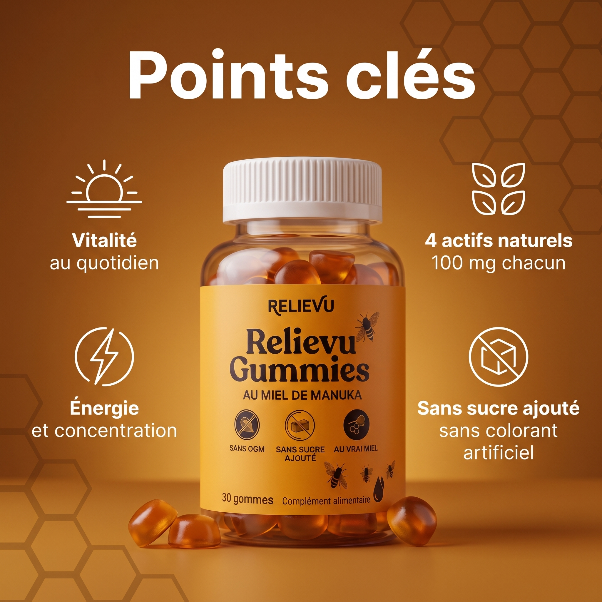 Points clés : vitalité au quotidien, énergie et concentration, 4 actifs naturels à 100 mg, sans sucre ajouté