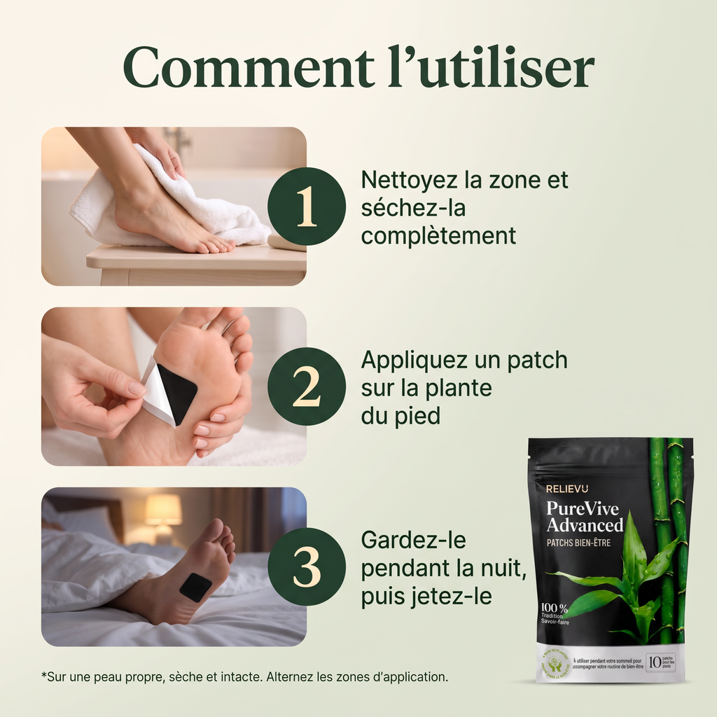 Comment l'utiliser en 3 étapes : nettoyer et sécher la zone, appliquer un patch sur la plante du pied, le garder pendant la nuit puis le jeter