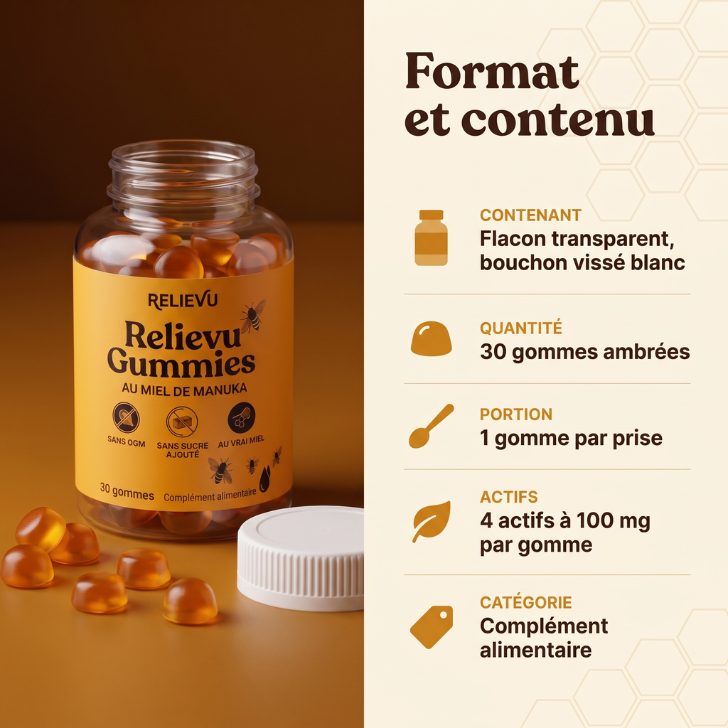 Format et contenu : flacon transparent à bouchon vissé blanc, 30 gommes ambrées, portion de 1 gomme, complément alimentaire