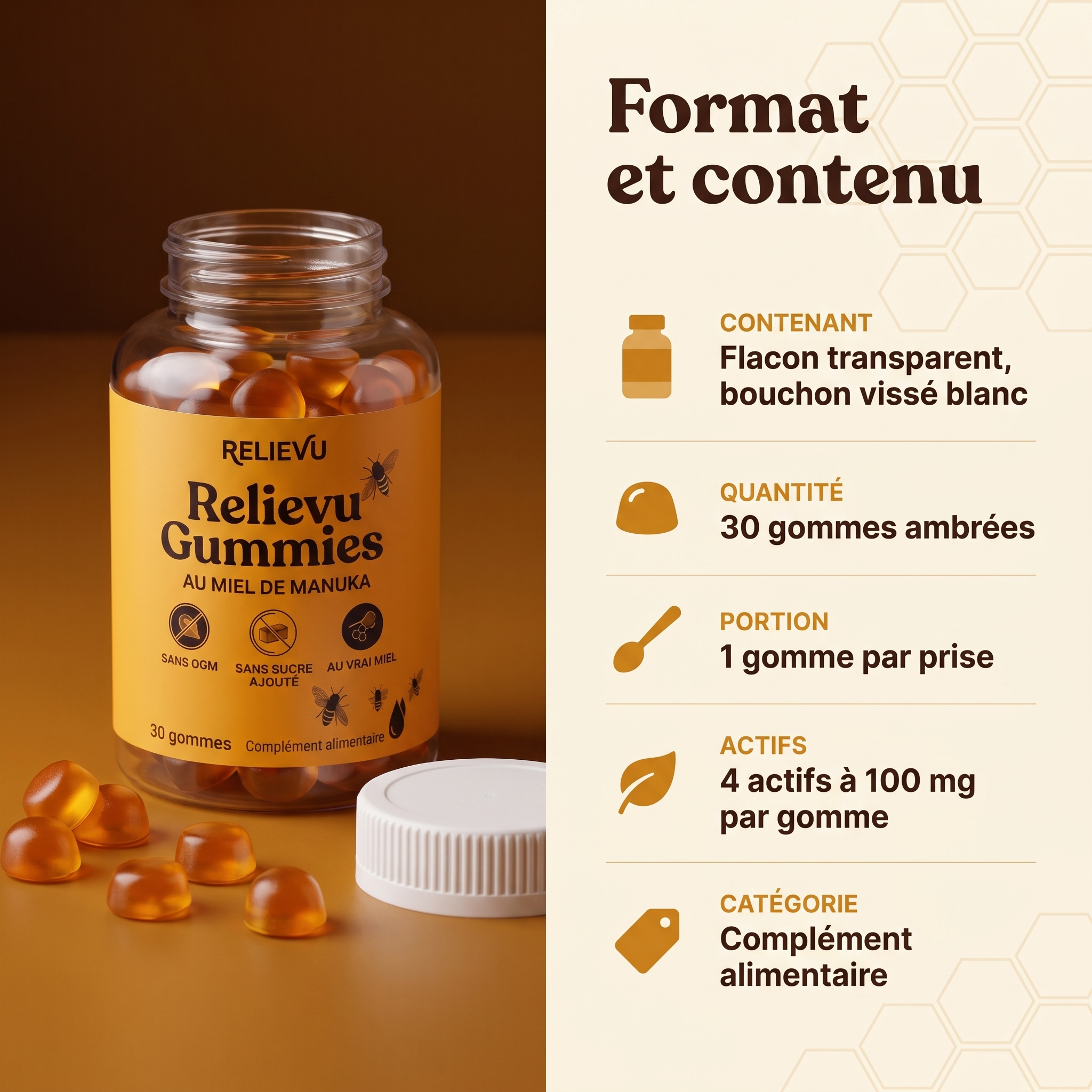 Format et contenu : flacon transparent à bouchon vissé blanc, 30 gommes ambrées, portion de 1 gomme, complément alimentaire