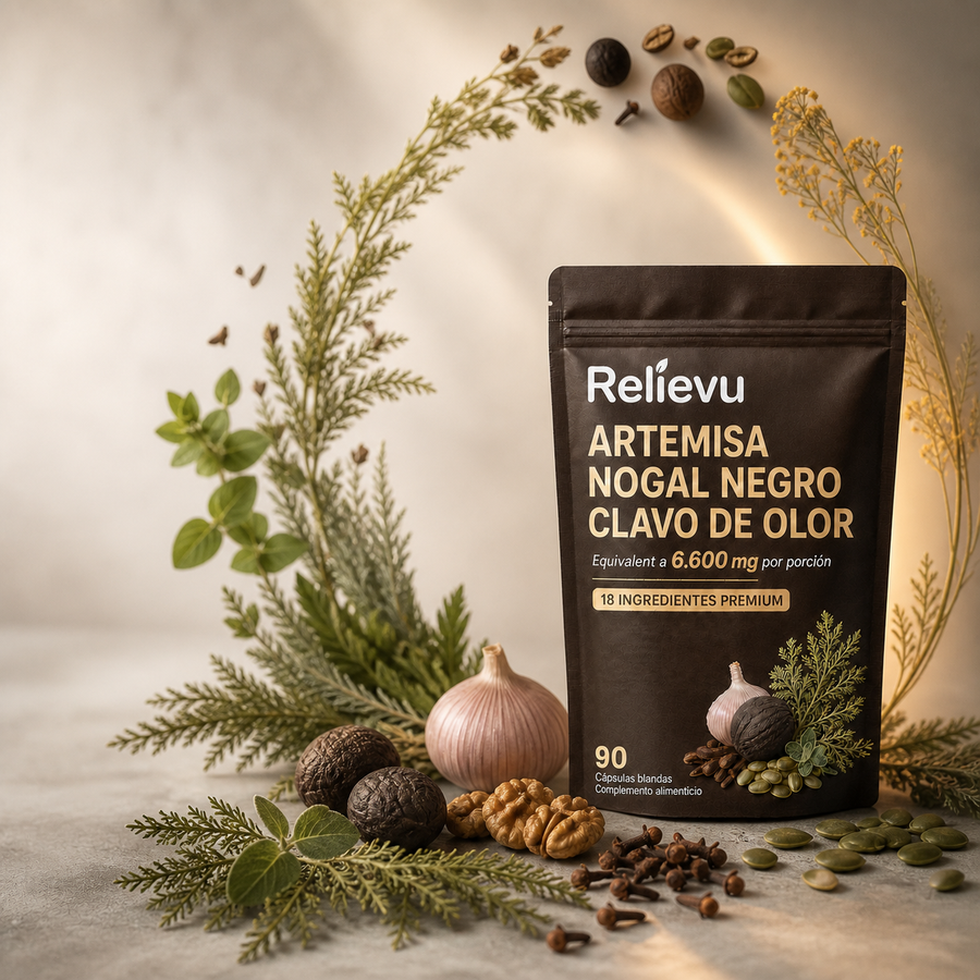 Frasco de cápsulas de artemisa, nogal negro y clavo de olor Relievu
