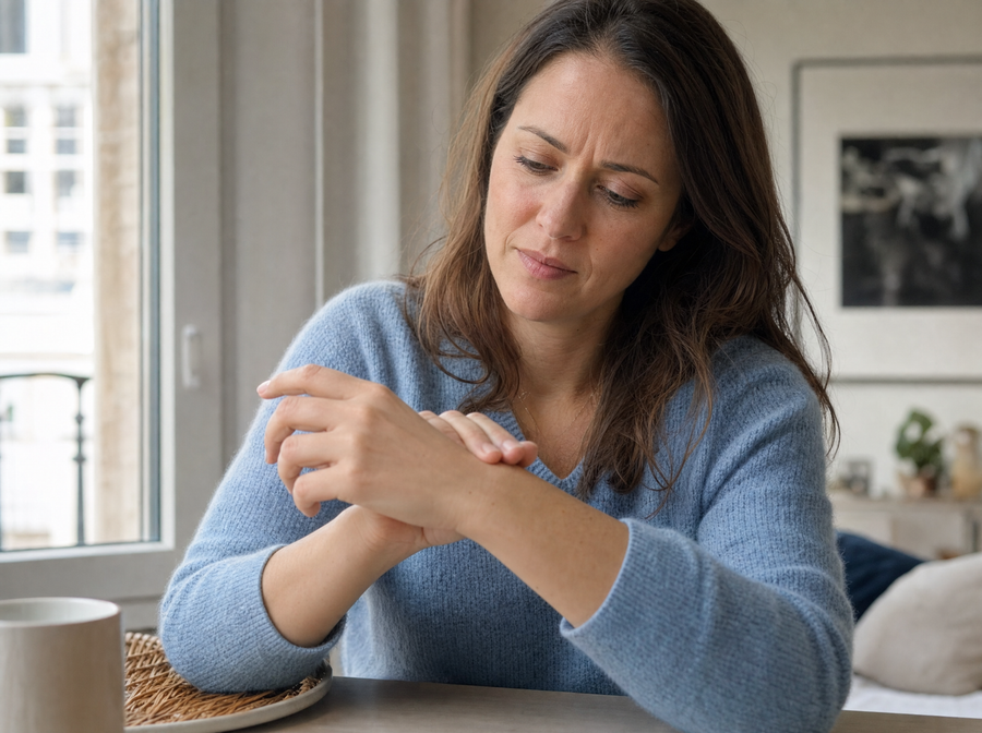 Woman experiencing dry, uncomfortable skin on her hands