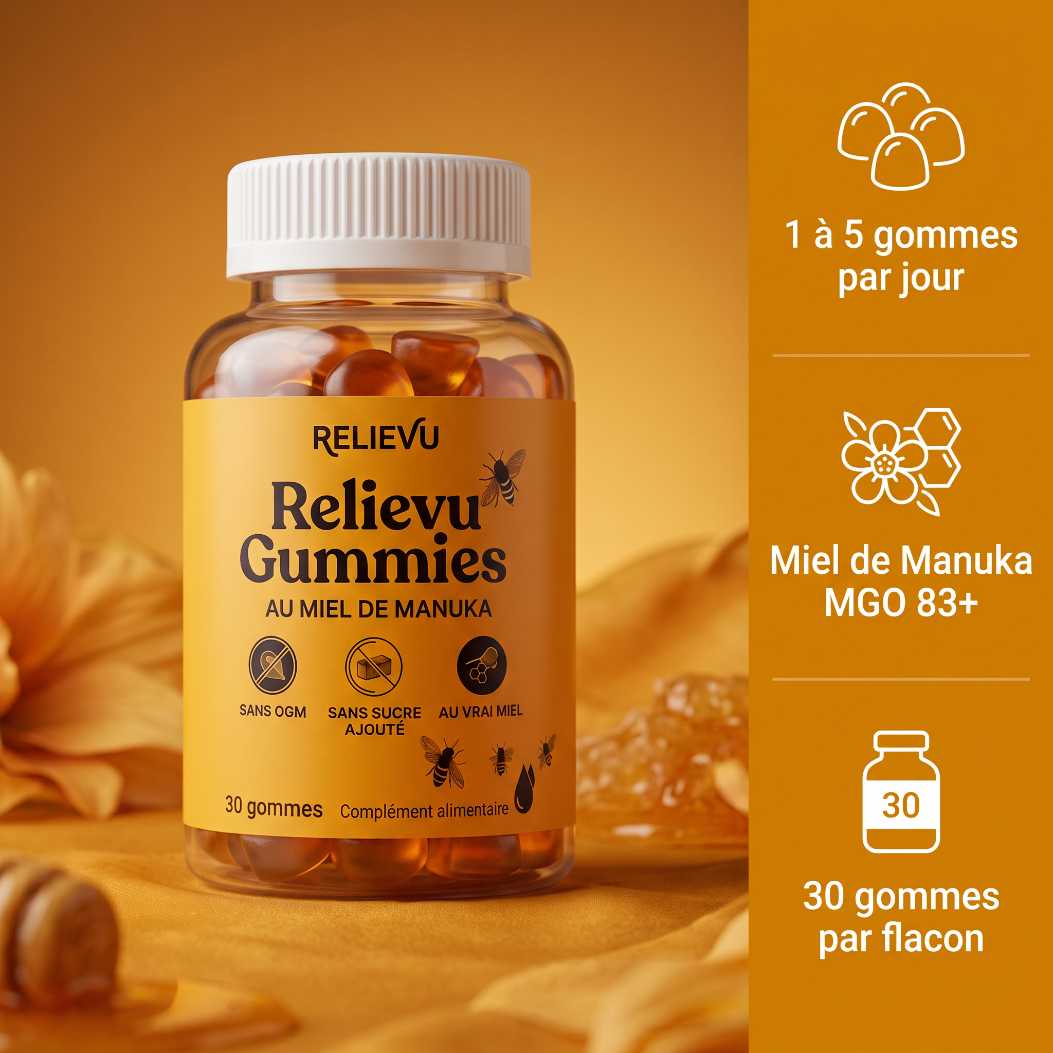 Flacon Relievu Gummies au miel de Manuka, 30 gommes, complément alimentaire — 1 à 5 gommes par jour, miel de Manuka MGO 83+