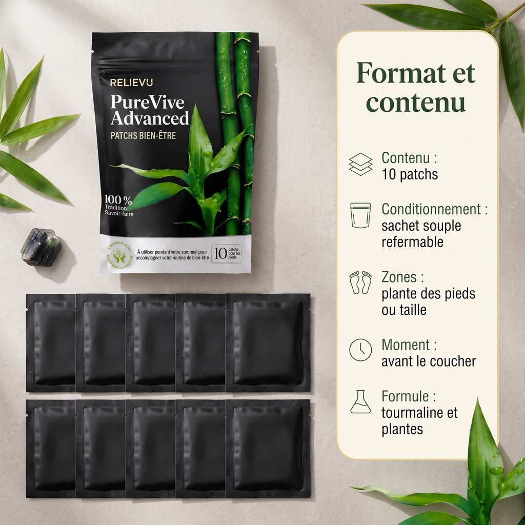 Format et contenu : 10 patchs en sachet souple refermable, à appliquer sur la plante des pieds ou la taille avant le coucher