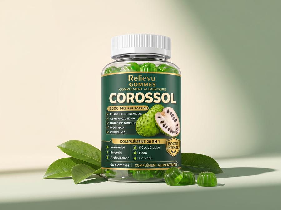 Pot de gommes au corossol Relievu 20-en-1 sur fond dégradé vert et crème