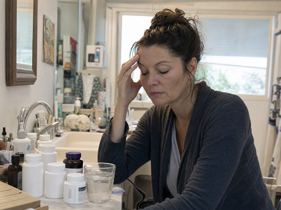 Femme fatiguée entourée de nombreux flacons de compléments le matin