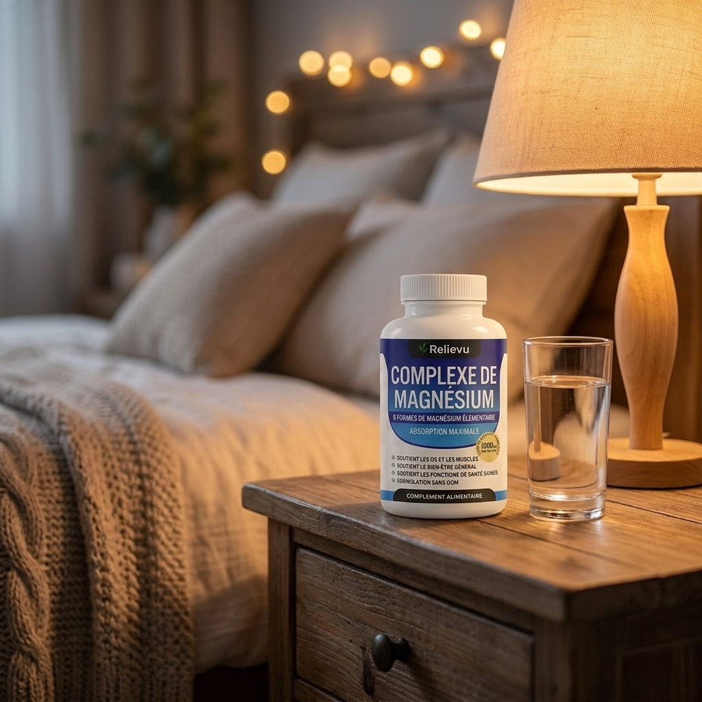 Flacon magnesium sur table de nuit