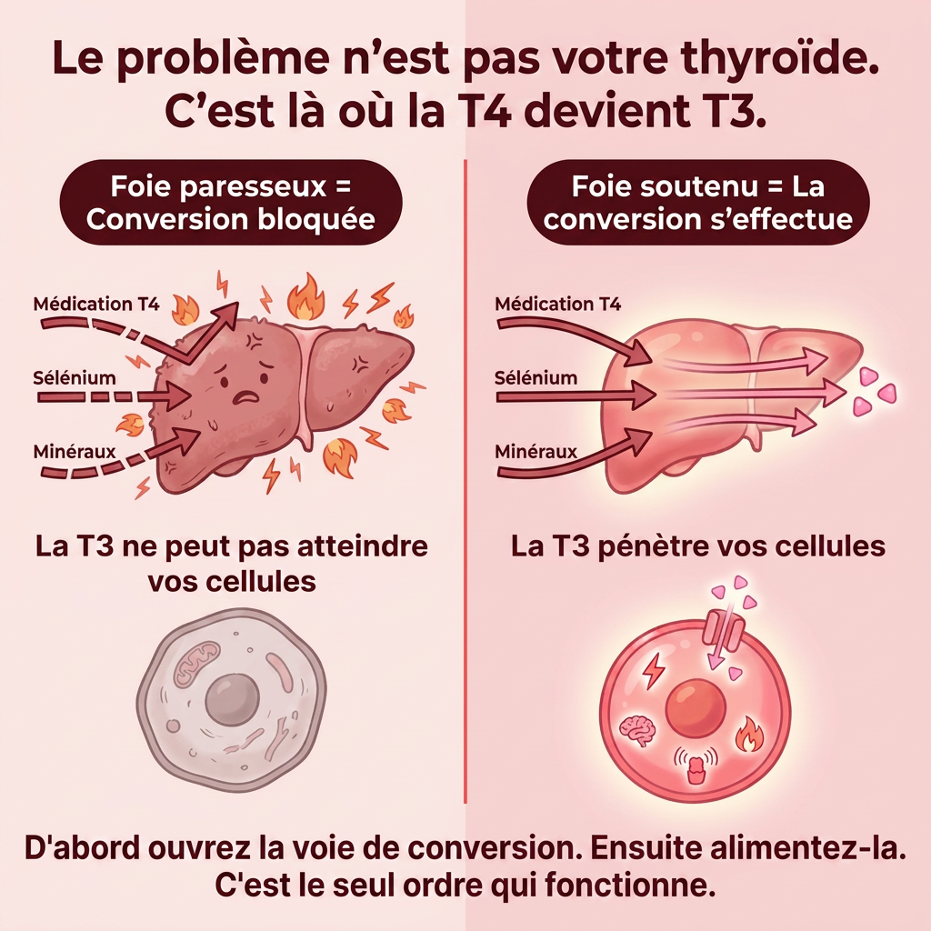 Schéma foie T4 vers T3 — conversion bloquée vs soutenue