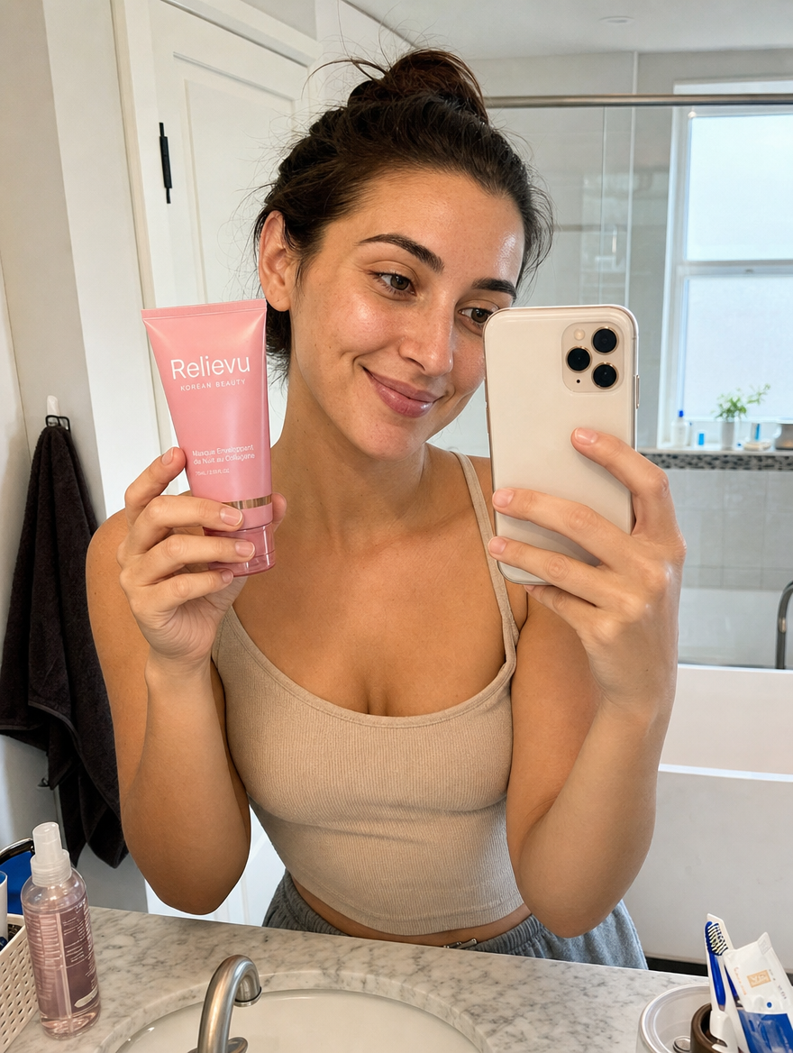 Cliente tenant le masque collagene Relievu