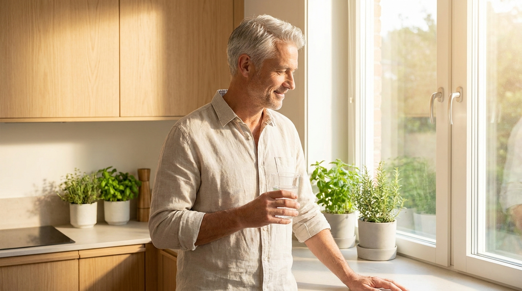 Homme en bonne sante dans sa cuisine