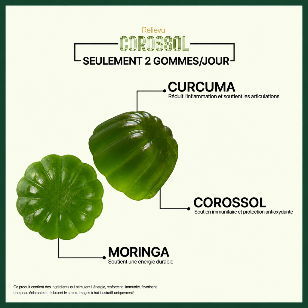 Seulement 2 gommes par jour — curcuma, corossol, moringa