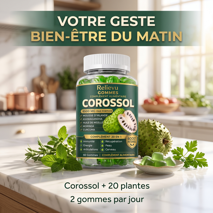 Gommes Corossol Relievu sur un plan de cuisine ensoleillé — votre geste bien-être du matin