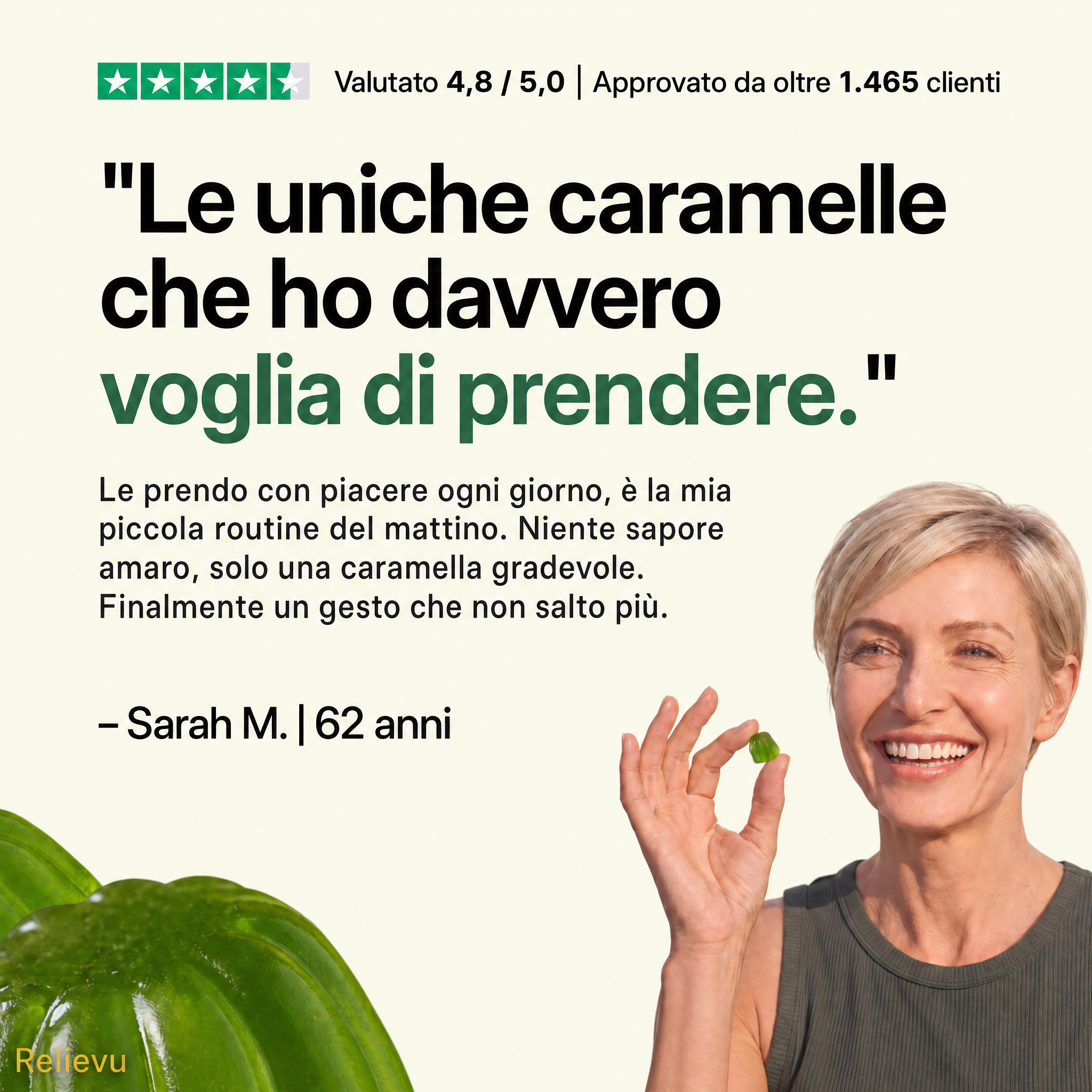 Recensione cliente 4,8 su 5 per le caramelle Relievu Graviola, senza sapore amaro