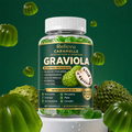 Barattolo di caramelle gommose Relievu Graviola 20 in 1, 8.500 mg per porzione, su sfondo verde con frutti di graviola
