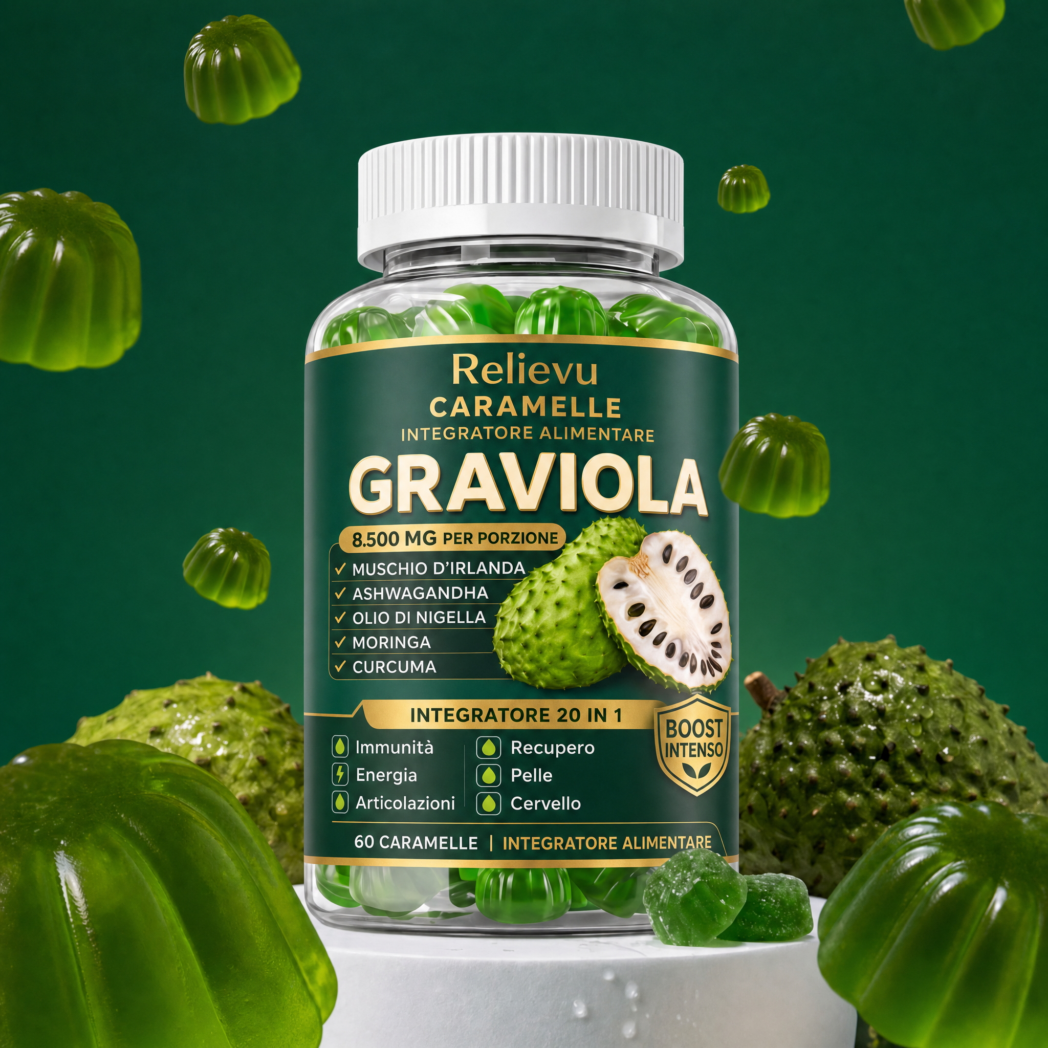 Barattolo di caramelle gommose Relievu Graviola 20 in 1, 8.500 mg per porzione, su sfondo verde con frutti di graviola
