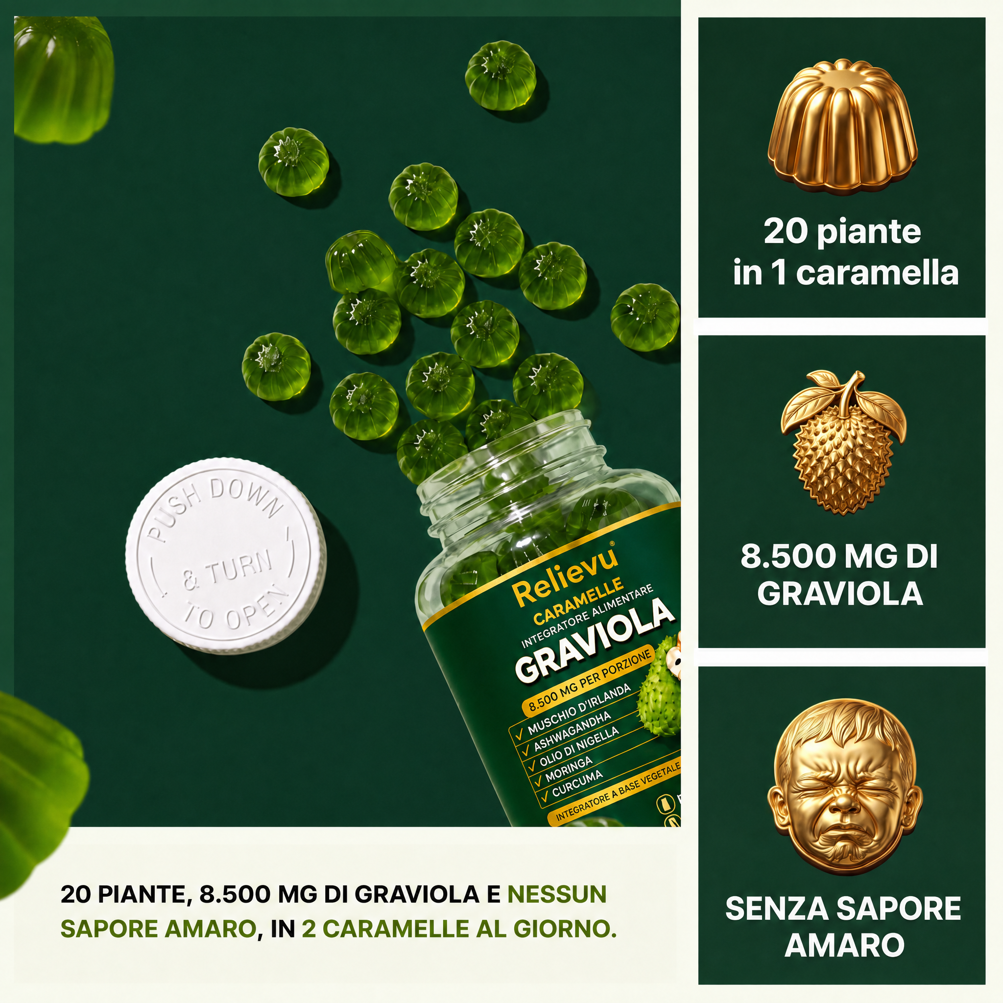 Caramelle gommose alla graviola versate dal barattolo: 20 piante in 1 caramella, 8.500 mg di graviola, senza sapore amaro