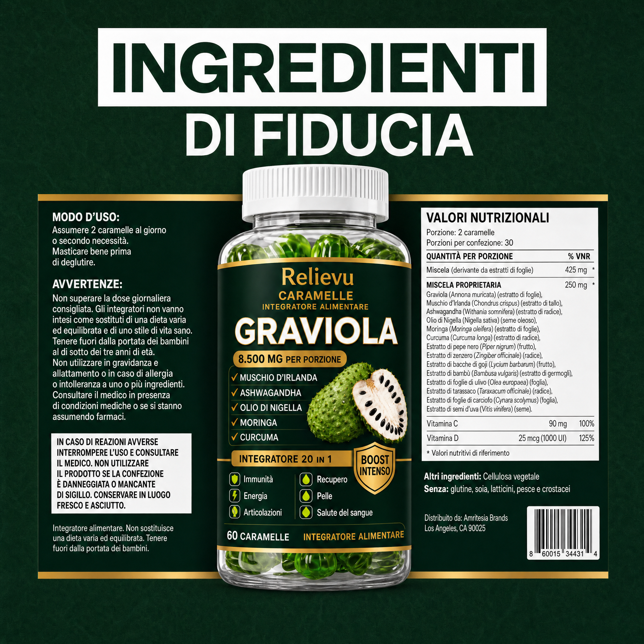 Etichetta e valori nutrizionali delle caramelle Relievu Graviola, integratore alimentare