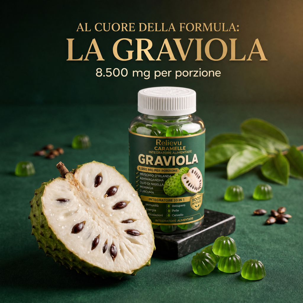 Al cuore della formula: la graviola, 8.500 mg per porzione, con frutto di graviola tagliato