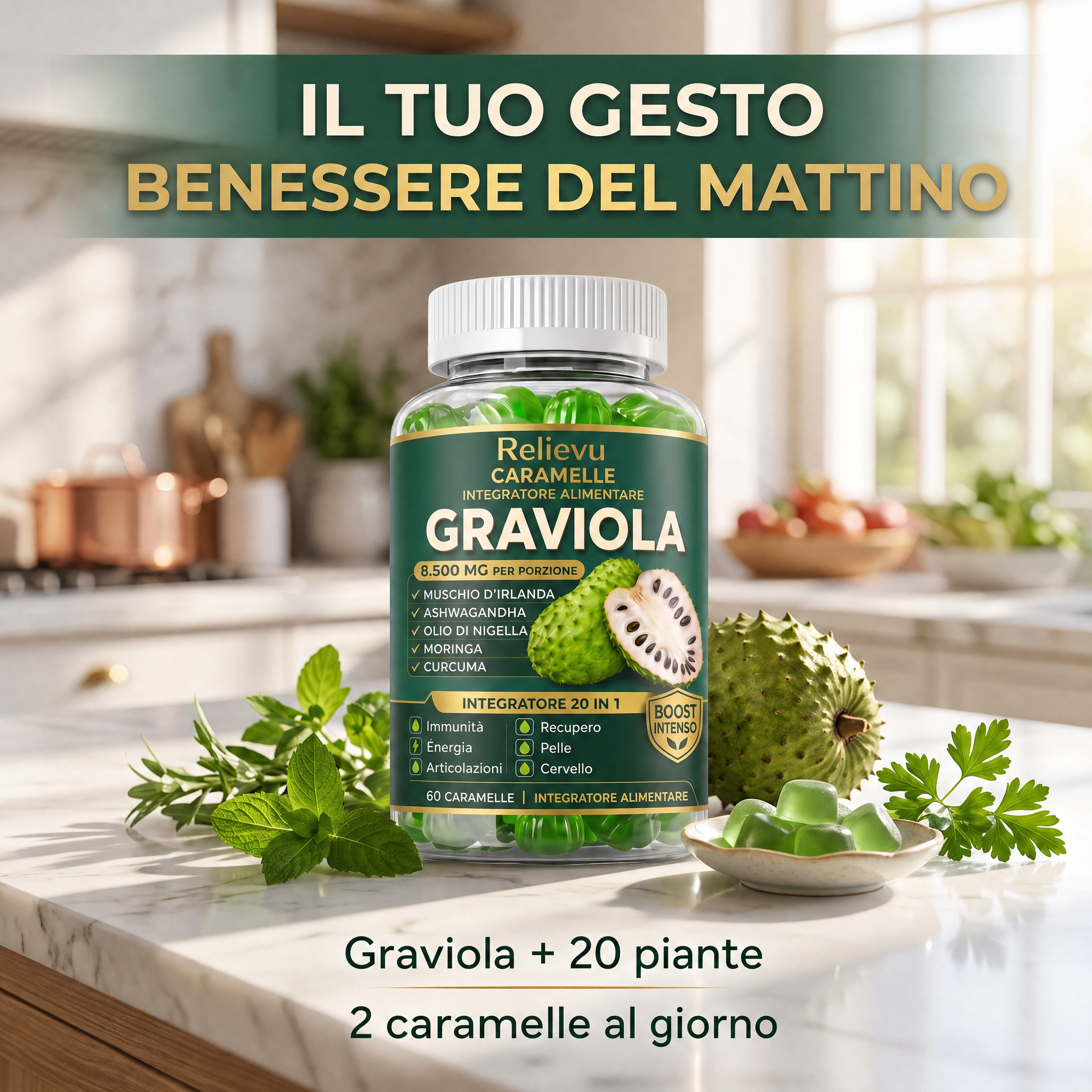 Barattolo di caramelle Relievu Graviola sul piano della cucina, il tuo gesto benessere del mattino