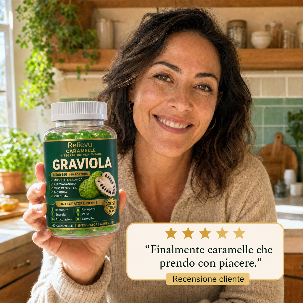 Donna sorridente mostra il barattolo di caramelle Relievu Graviola, recensione cliente 5 stelle