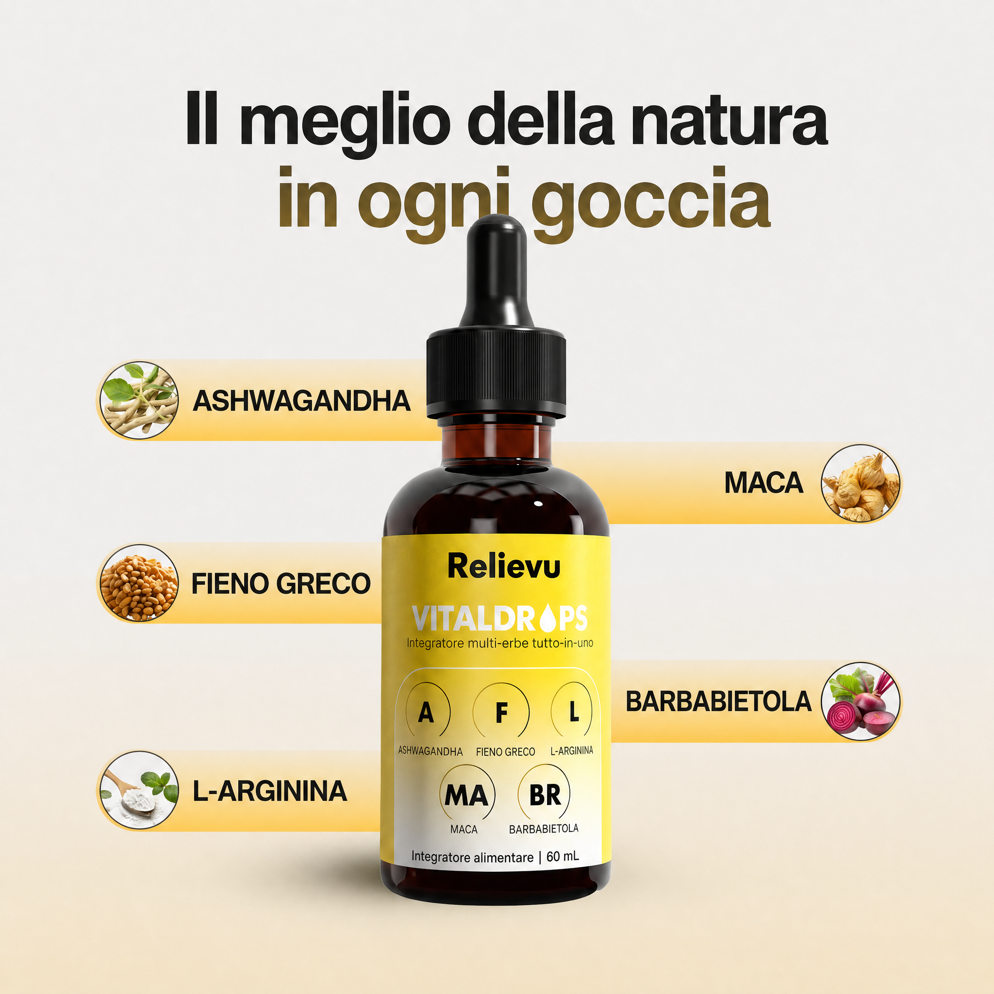 Il meglio della natura in ogni goccia - ashwagandha, fieno greco, L-arginina, maca, barbabietola