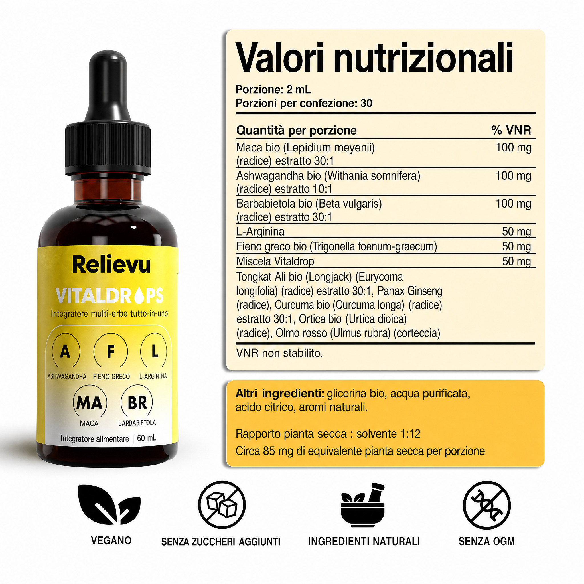 Valori nutrizionali VitalDrops - ingredienti e dosaggi per porzione