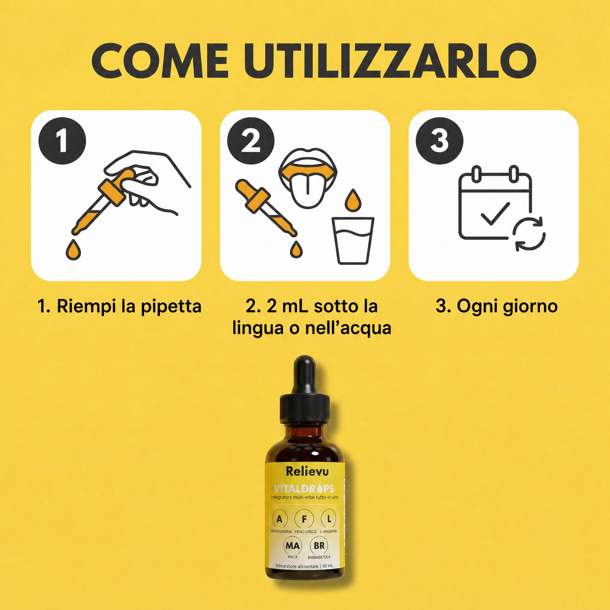 Come utilizzarlo - riempi la pipetta, 2 mL sotto la lingua o nell'acqua, ogni giorno