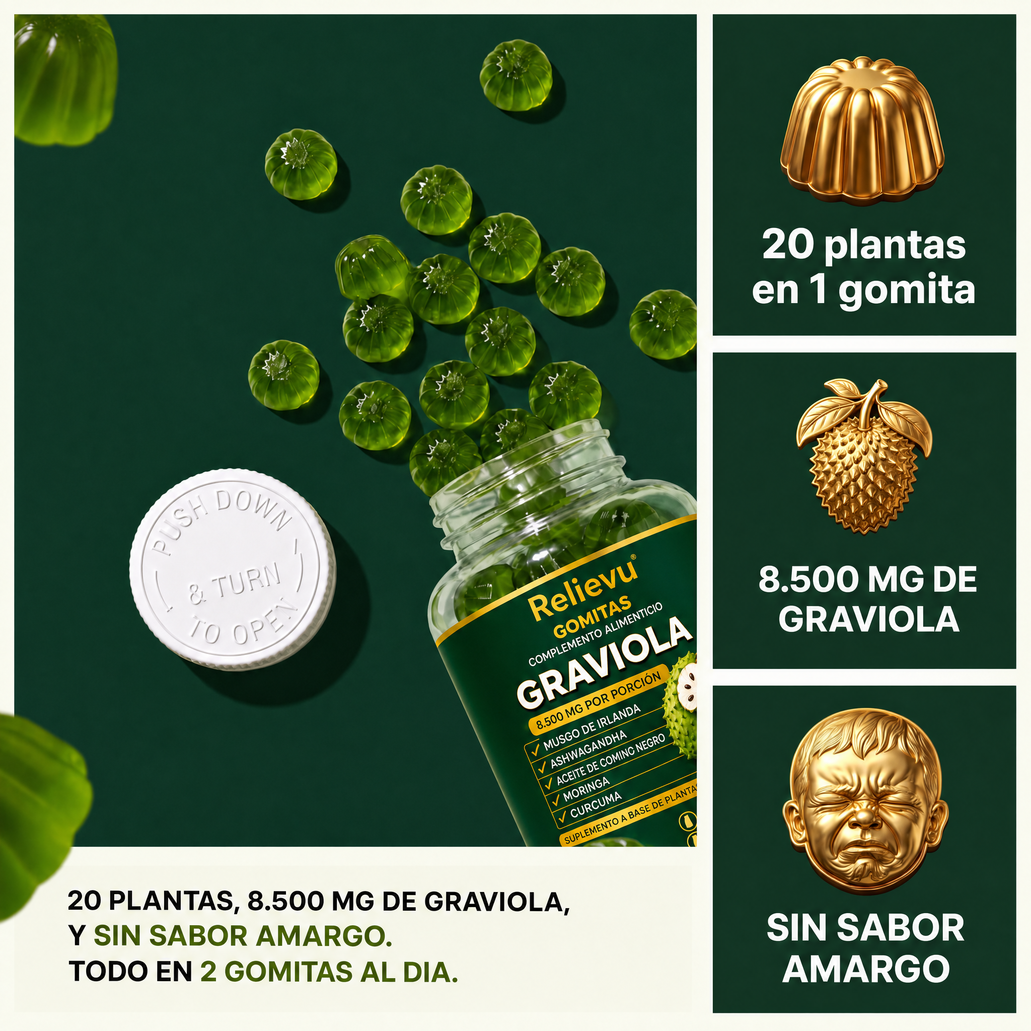 20 plantas, 8.500 mg de graviola, sin sabor amargo en 2 gomitas al dia