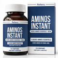Flacon et boîte Relievu Aminos Instant - Acides aminés essentiels + BCAA, 120 comprimés