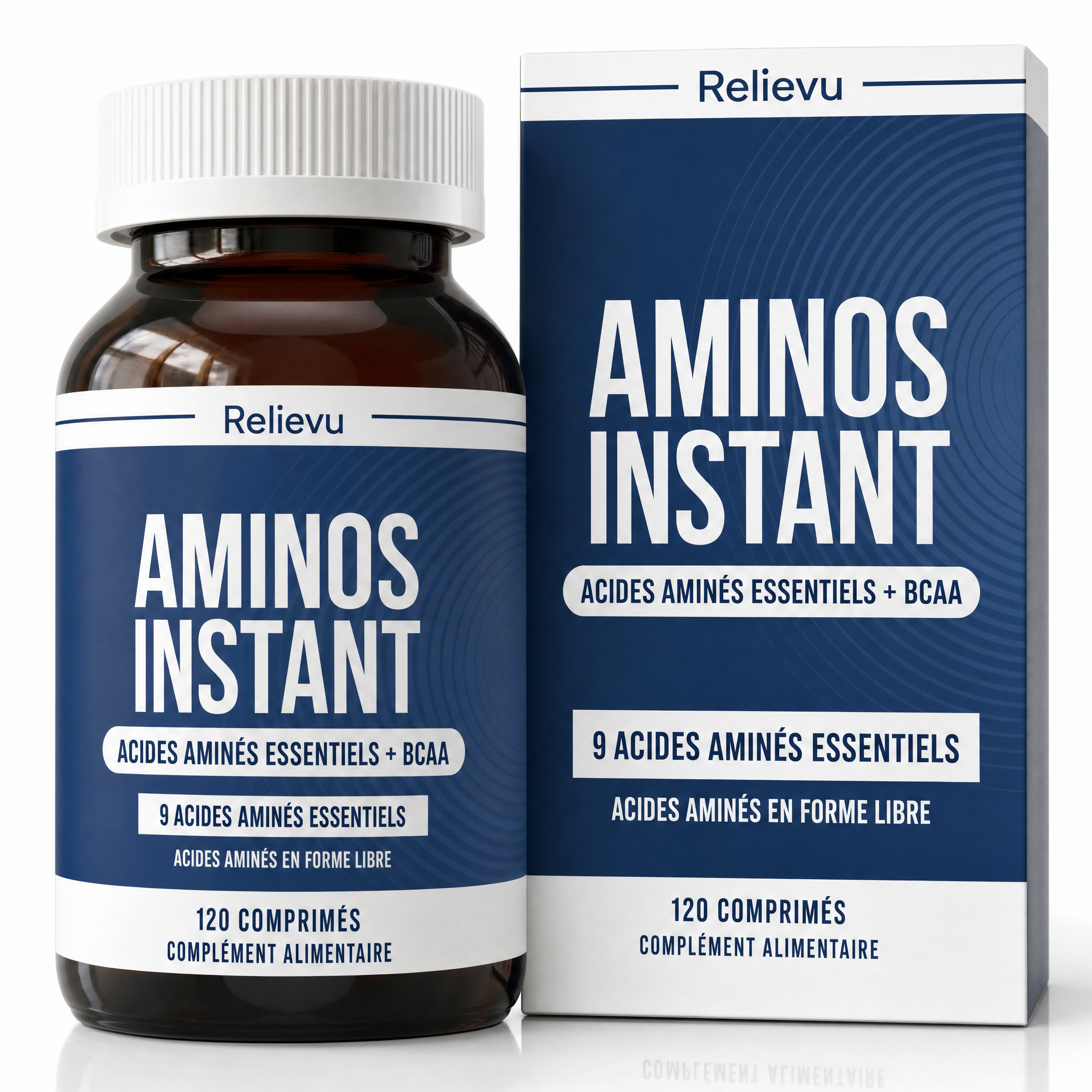 Flacon et boîte Relievu Aminos Instant - Acides aminés essentiels + BCAA, 120 comprimés