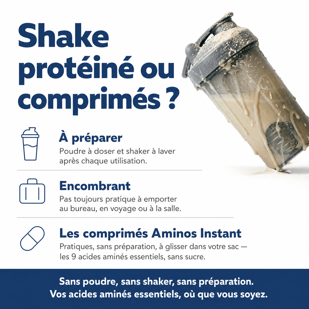 Shake protéiné ou comprimés : des acides aminés pratiques, sans préparation