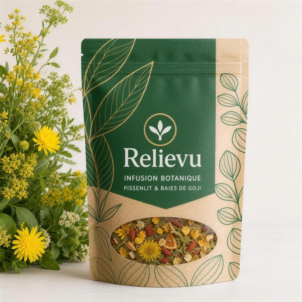 Sachet Relievu d'infusion au pissenlit et baies de goji entouré de fleurs jaunes