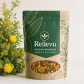 Sachet Relievu d'infusion au pissenlit et baies de goji entouré de fleurs jaunes