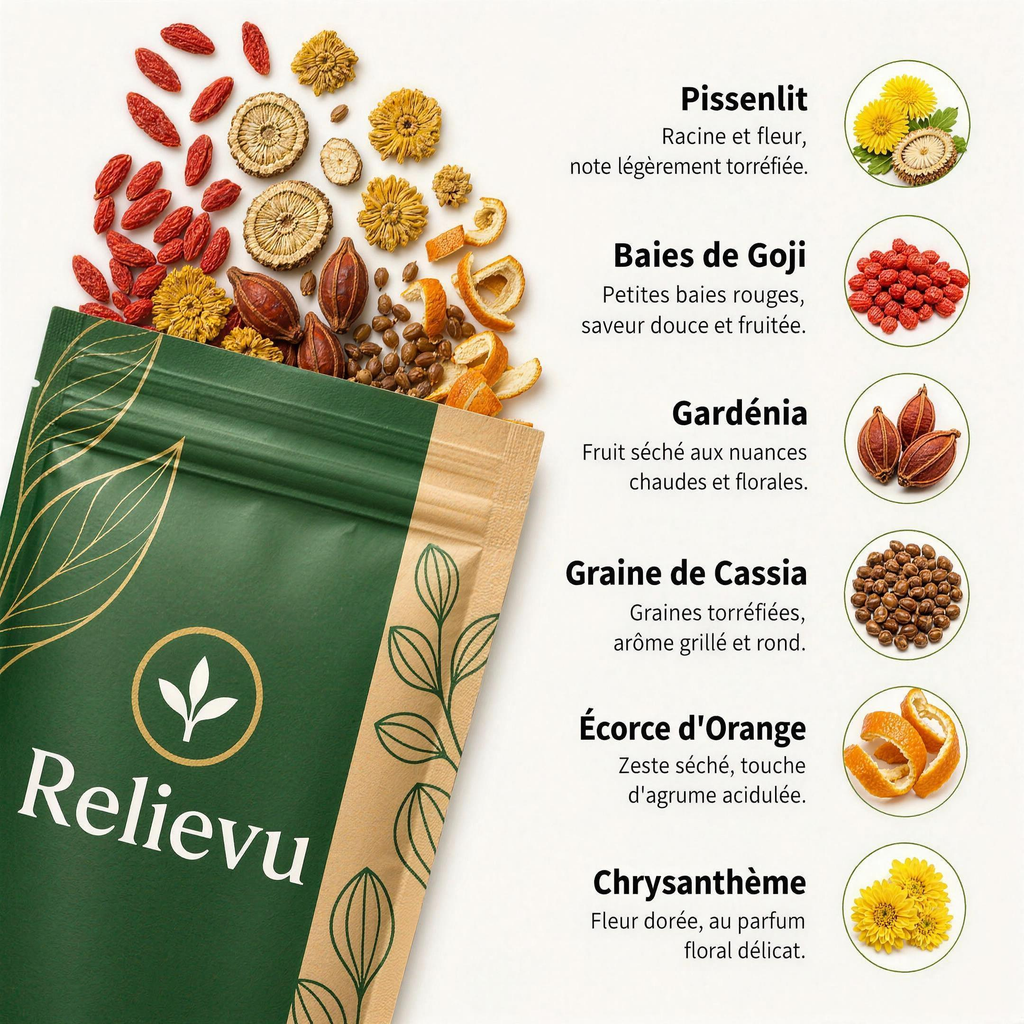 Les plantes de l'infusion : pissenlit, baies de goji, gardénia, graine de cassia, écorce d'orange et chrysanthème