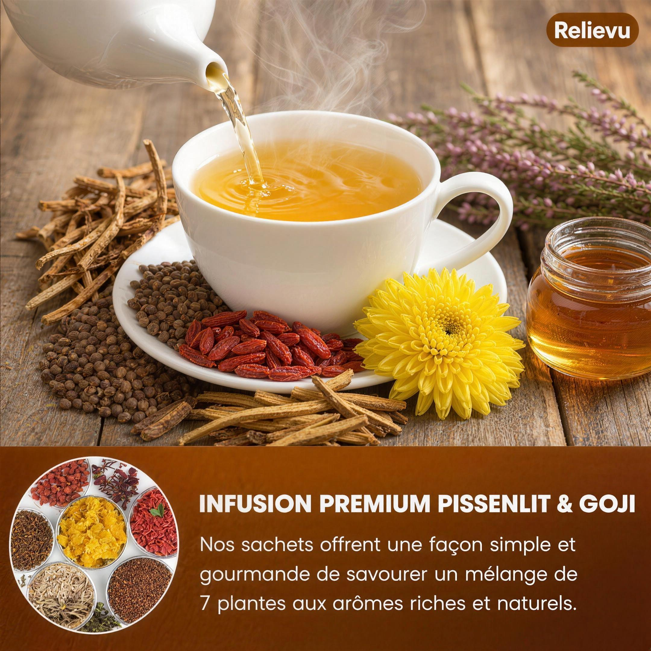 Tasse d'infusion ambrée au pissenlit et baies de goji Relievu servie chaude