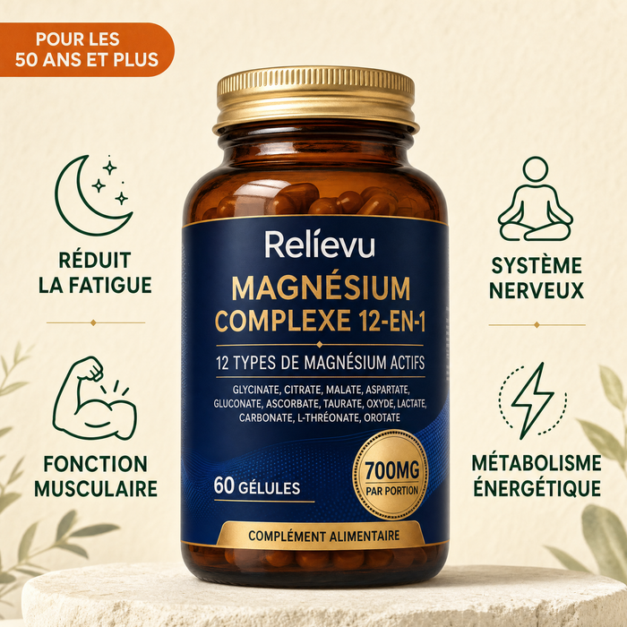 Complexe de Magnésium 12-en-1 Relievu, 60 gélules, 700 mg par portion, pour les 50 ans et plus