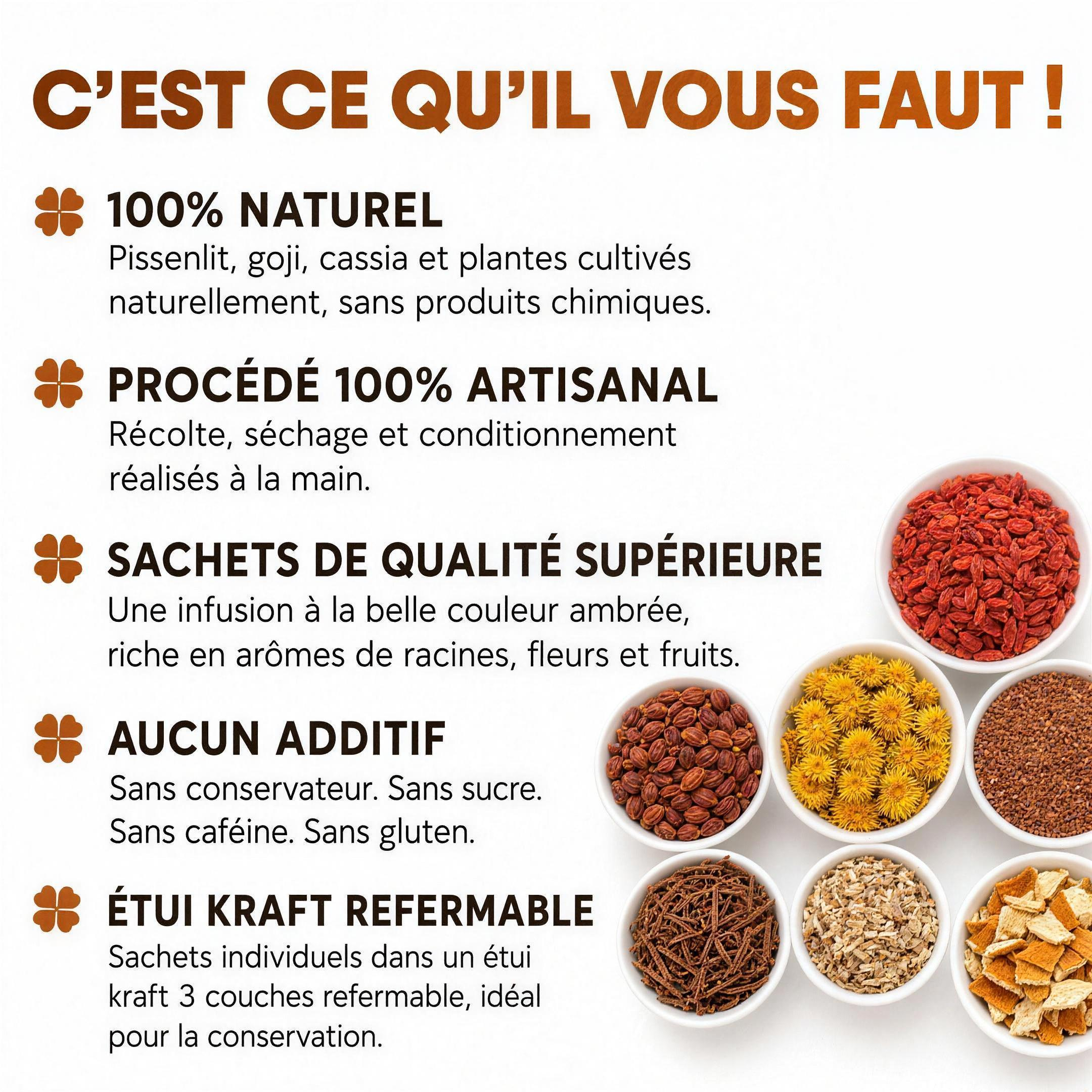 Atouts de l'infusion : 100% naturelle, artisanale, sans additif, étui kraft refermable