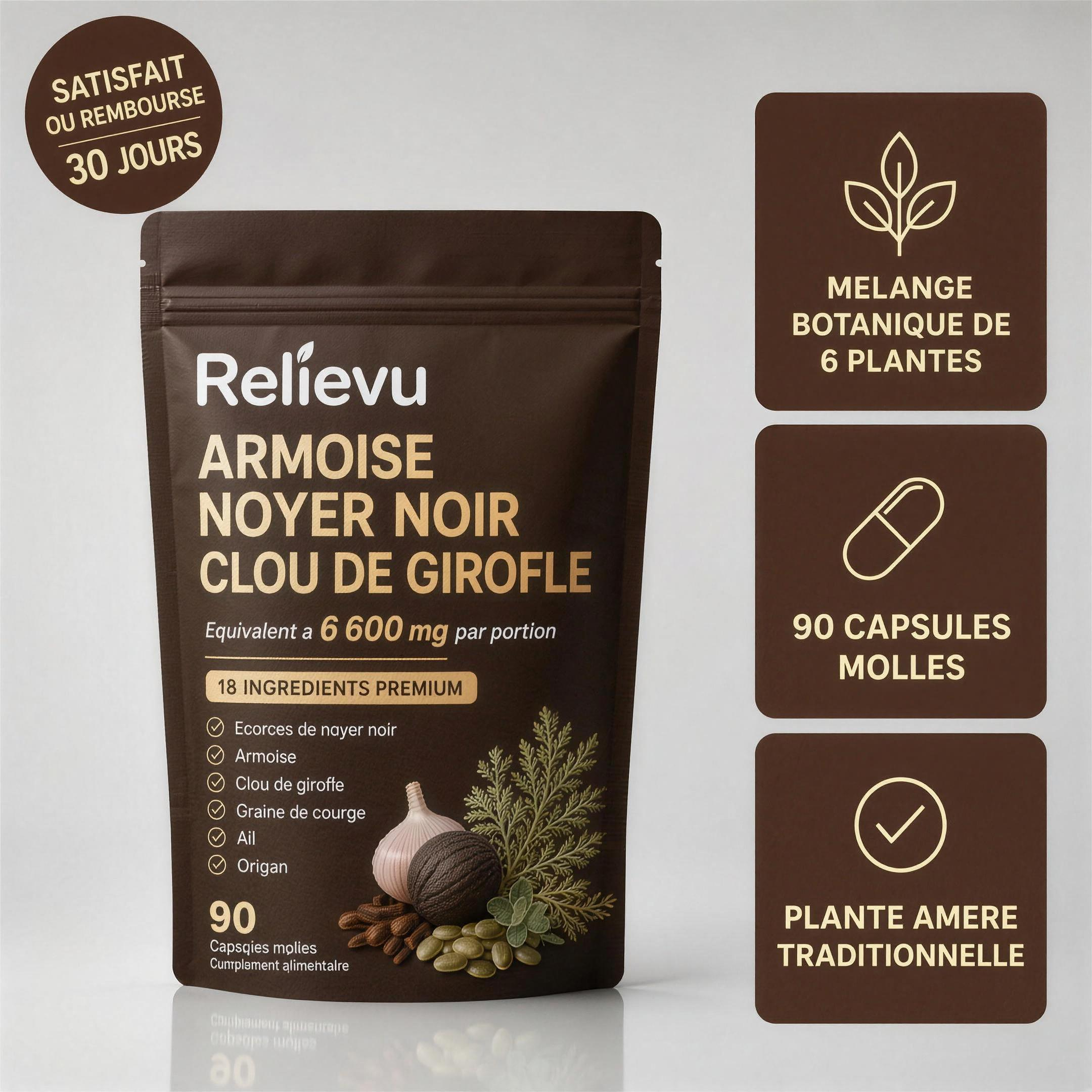 Sachet Relievu Armoise, Noyer Noir et Clou de Girofle - 90 capsules molles, mélange de 6 plantes