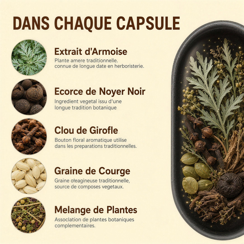 Dans chaque capsule : armoise, écorce de noyer noir, clou de girofle, graine de courge et mélange de plantes
