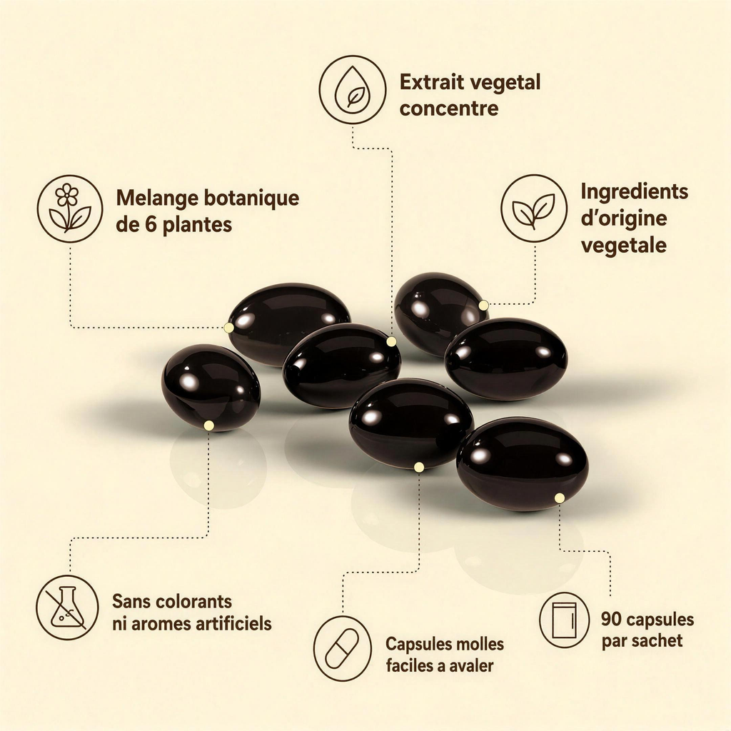 Capsules molles Relievu : mélange botanique de 6 plantes, extrait végétal concentré, 90 capsules