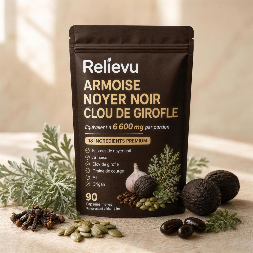 Sachet Relievu Armoise entouré de plantes : armoise, clou de girofle, graines de courge et noix