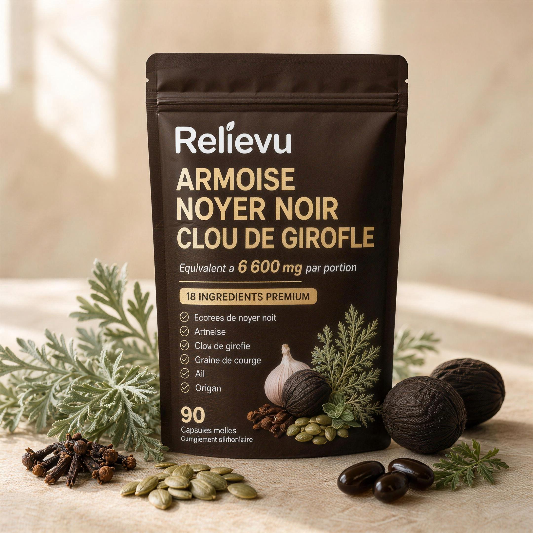 Sachet Relievu Armoise entouré de plantes : armoise, clou de girofle, graines de courge et noix